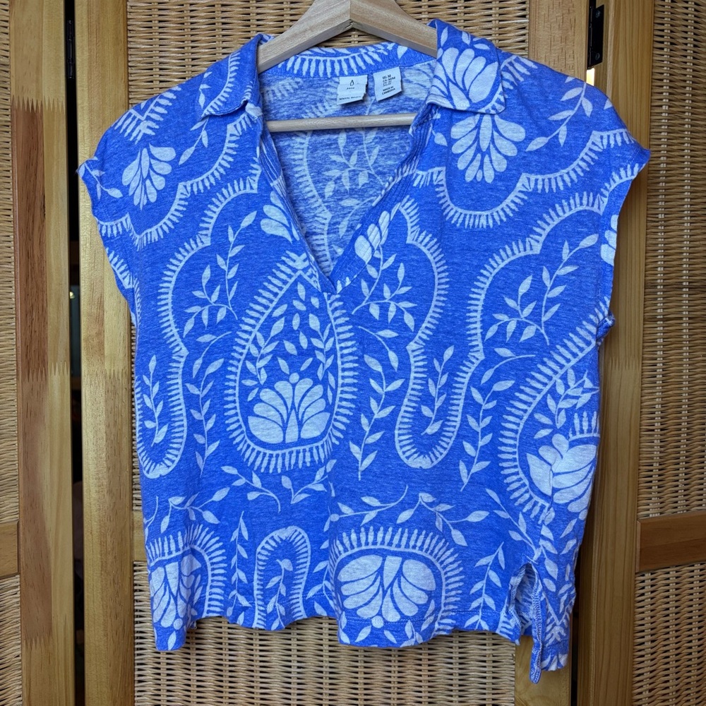 Joie Blue Floral V-Neck Women's linen Top size m